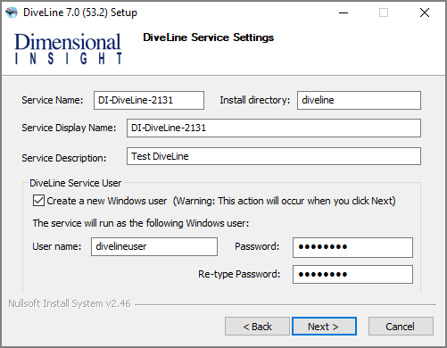 The DiveLine Service Settings window.